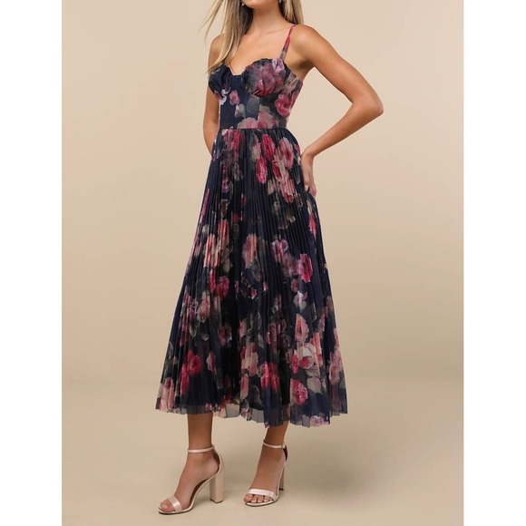 NWT Lulus Alluring Invite Midnight Blue Floral Pleated Bustier Midi Dress Medium - Picture 2 of 8
